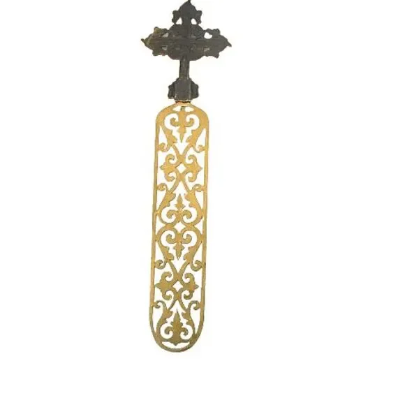 Vintage Bookmark Gold Toned Cross Faux Pearl Faux Diamonds Metal Filigree Base - Picture 10 of 15